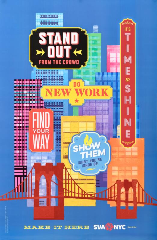 A poster of a city with brightly colored text displayed on signs across it
