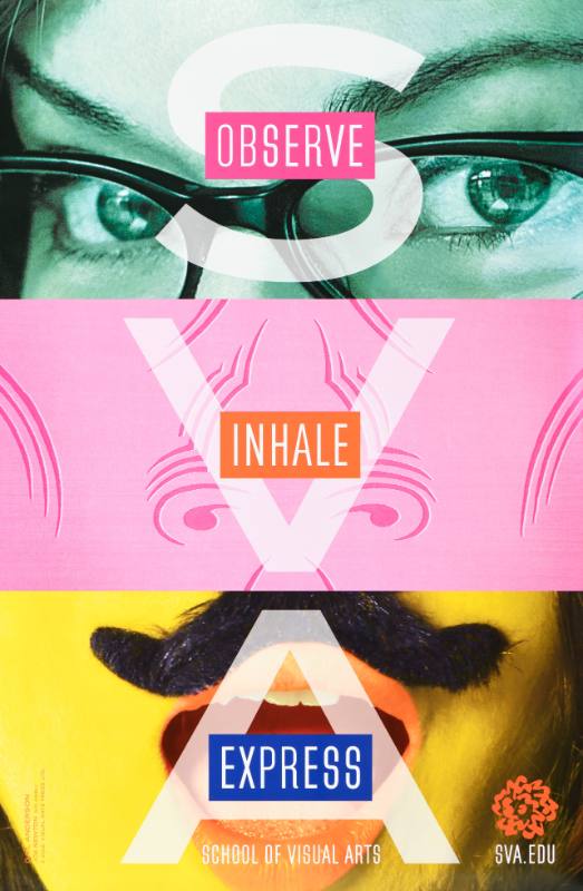 A poster of a close up face split into three parts