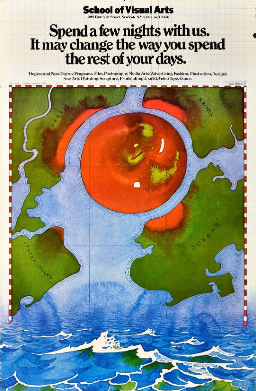 A poster of a map with an apple at the center of it