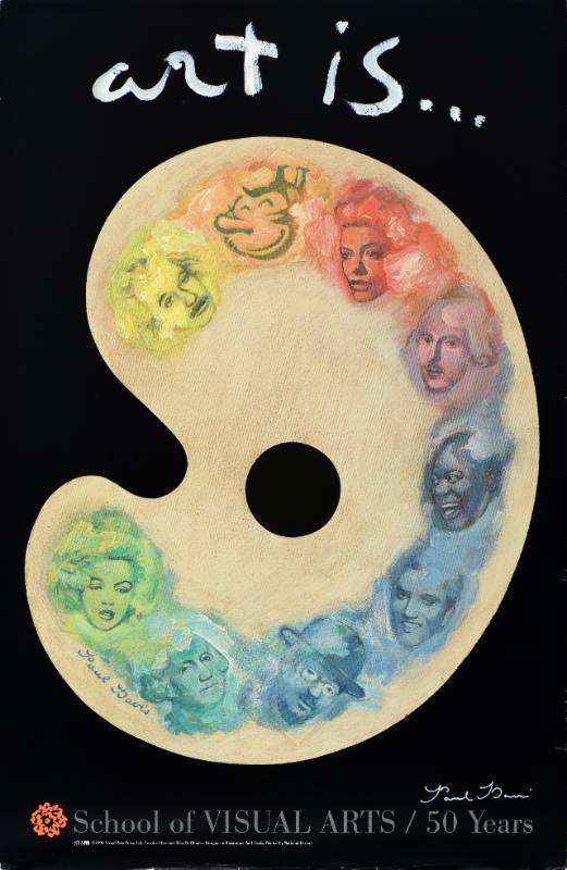 A poster of a paint pallete with portraits of famous individuals painted in rainbow colors