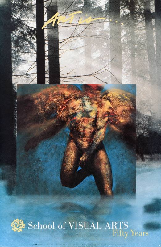 A poster of a nude angel overlayed onto a forest