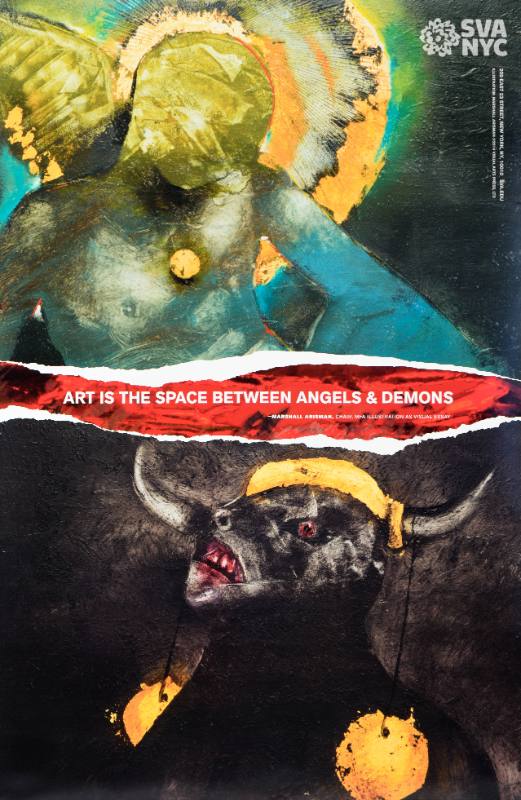 A poster of an angel above a demon separated by a red gash