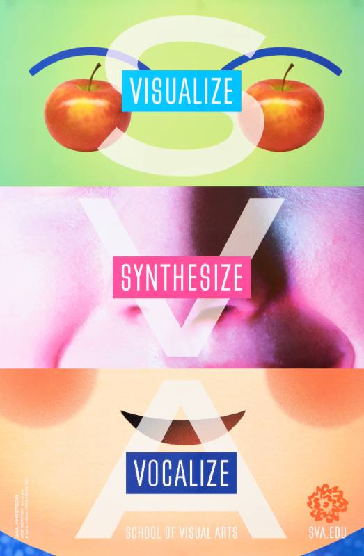 A poster of a close up image of a face split in three parts with apples for eyes