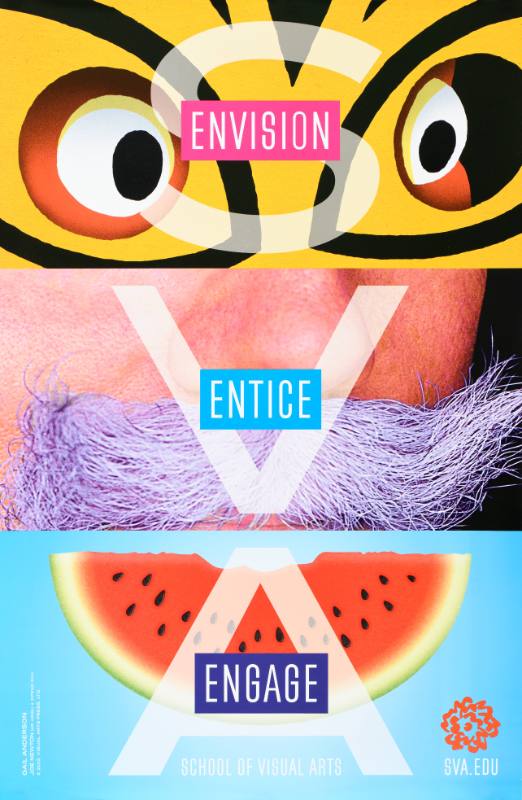 A poster of a close up image of a face split in three parts with watermelon for a mouth