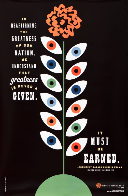 A poster of a flower with leaves made out of eyes