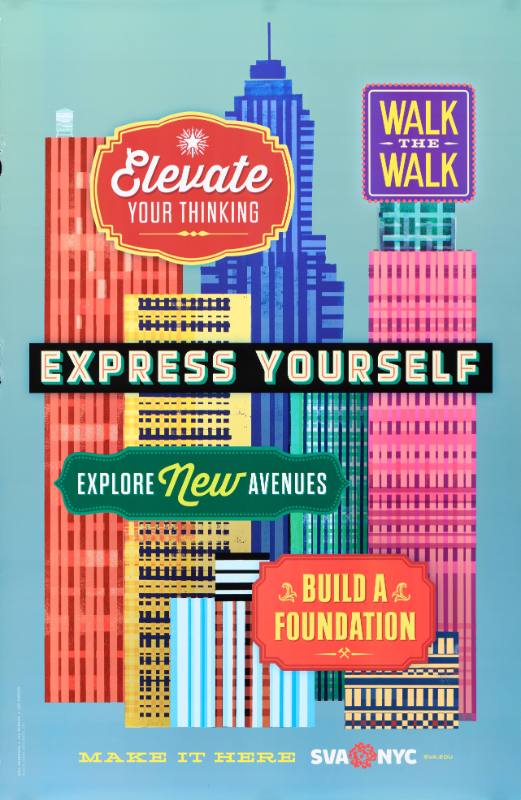 A poster of a city with brightly colored text displayed on signs across it