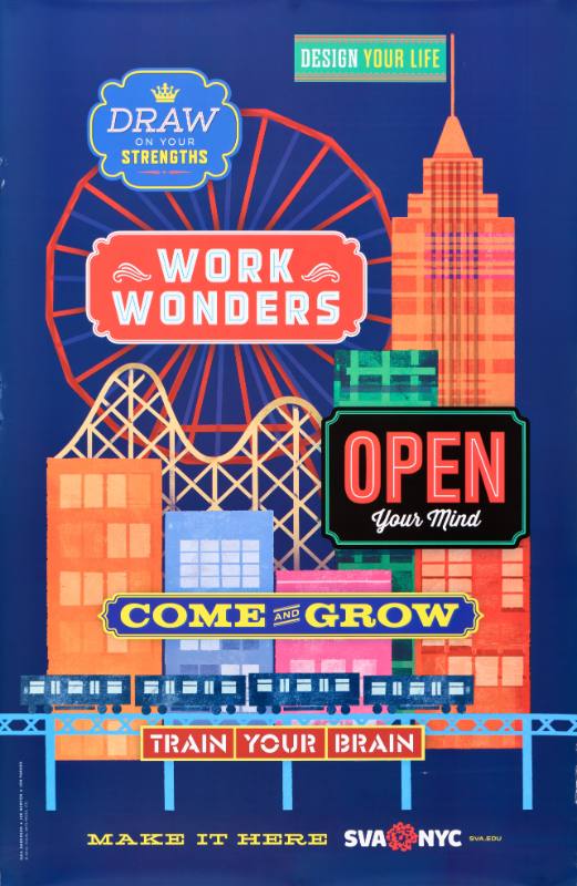 A poster of a city with brightly colored text displayed on signs across it
