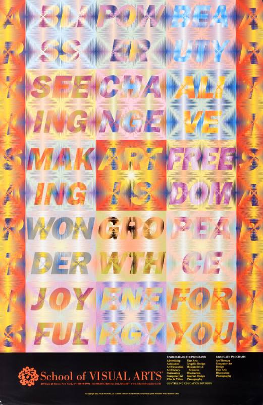 A poster of brighly colored text arranged in a grid