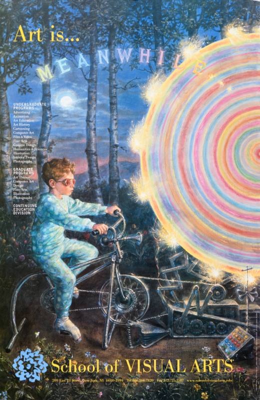 A poster of a boy riding a bicycle to generate a rainbow swirl