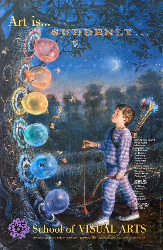 A poster of a boy holding magical bow and arrows up to a tree covered in targets and balloons