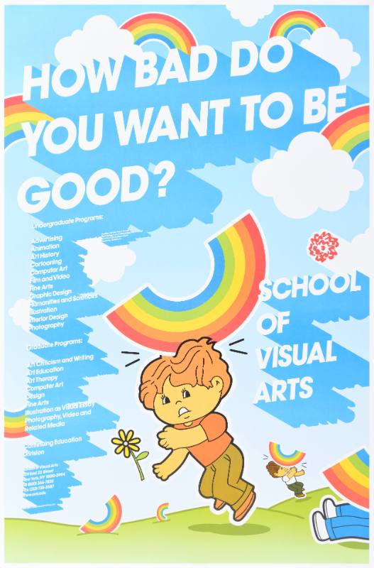 A poster of a boy being hit on the head by rainbows