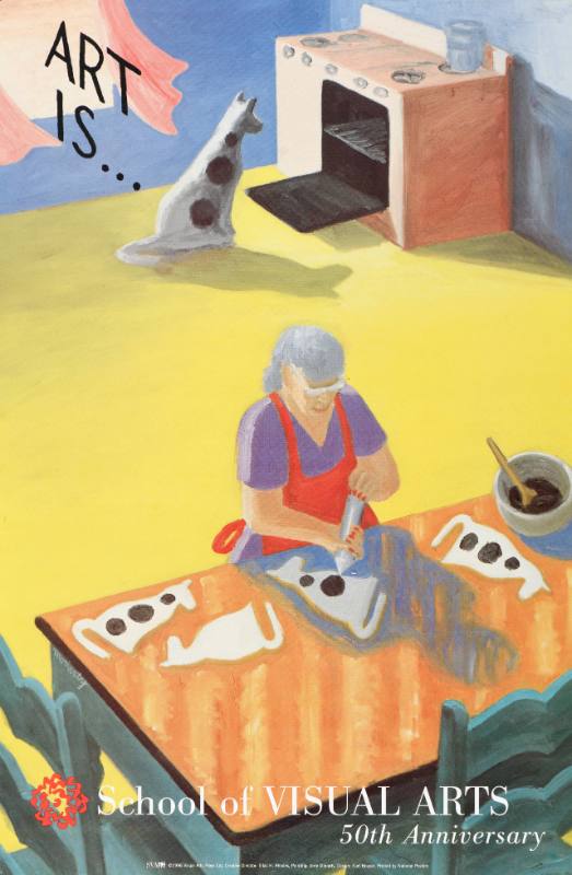 A poster of a woman baking cookies in the shape of a dog