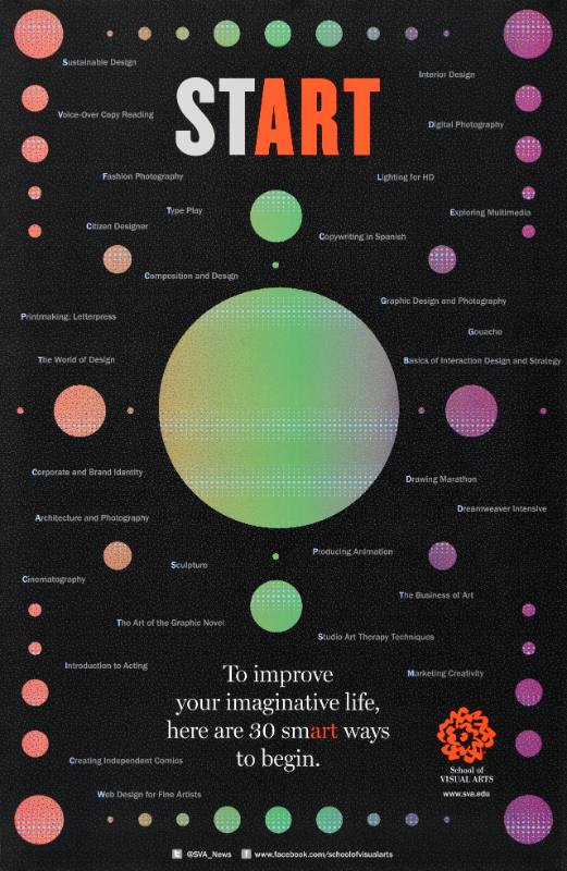 A poster of colorful circles and text on a black background