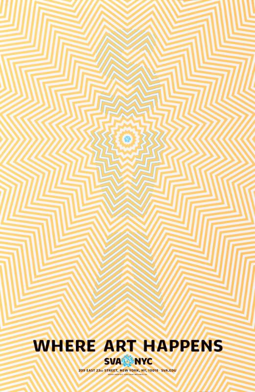 A poster of a neon orange geometric patern in the shape of a radiating star