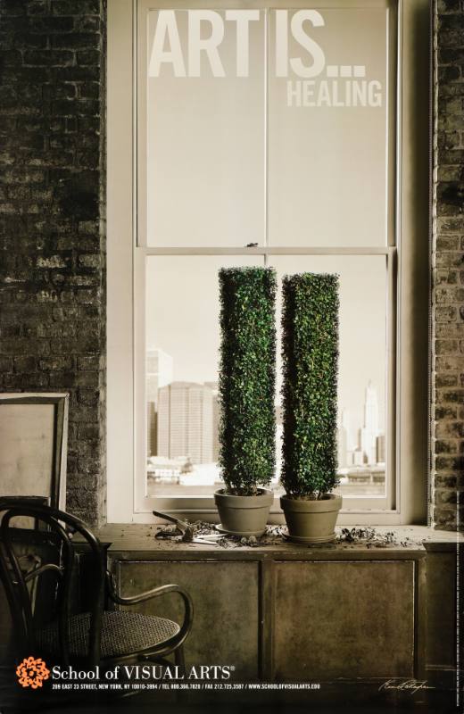 A poster of a window with two plants in the shape of the twin towers surrouned by dead leaves and pruning shears