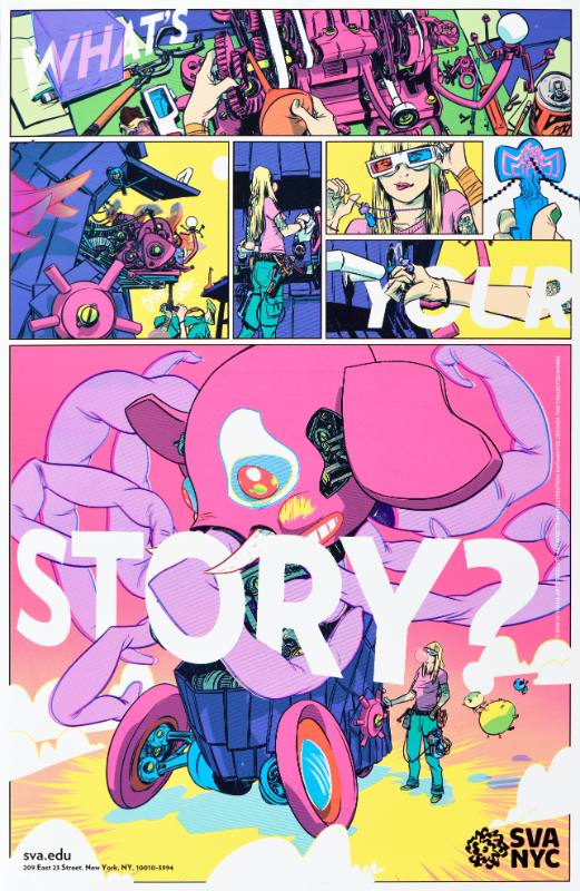 A poster of a comic strip featuring an artist manifesting a robot out of their drawings