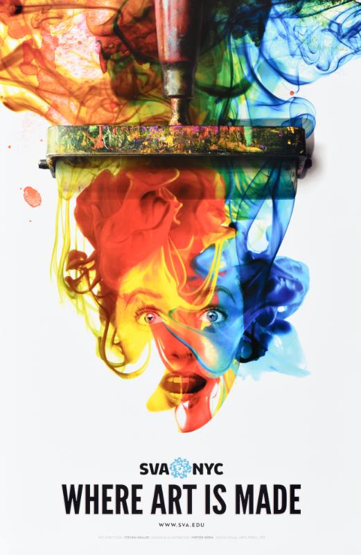 A poster of a woman's face with colorful swirls coming out o fher head