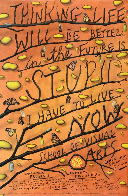 A poster of text made out of tree branches with butterflies hatching on it