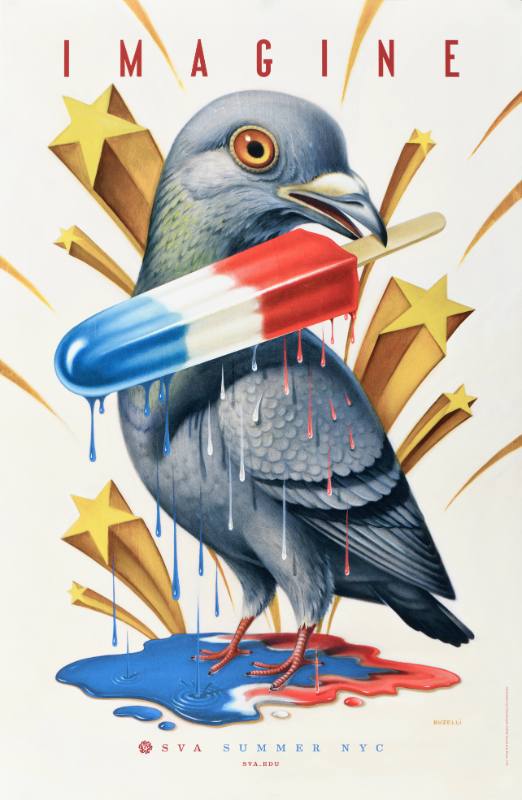 A poster of a pigeon holding a red white and blue popsicle