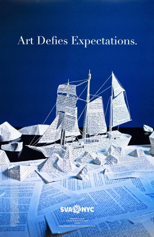 A poster of a ship made out of printed papers
