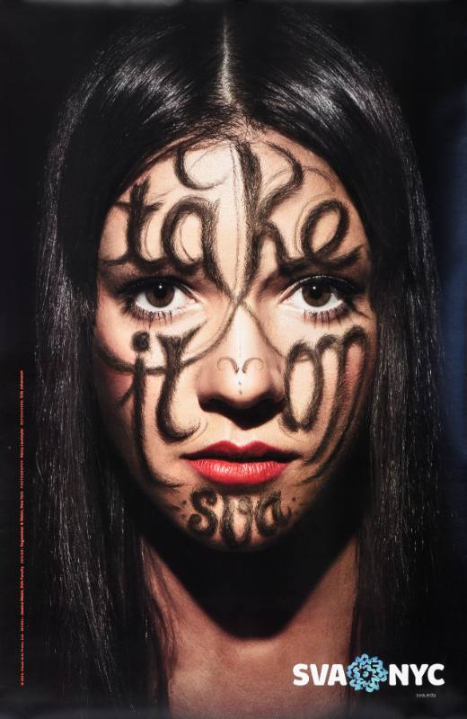 A poster of a woman with words made out of hair covering her face