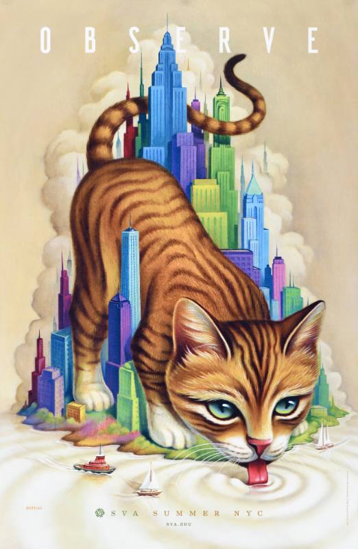 A poster of a giant cat crouching out of a city to drink milk from a river