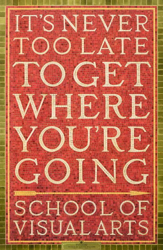 A poster of mosaic letters on a red background