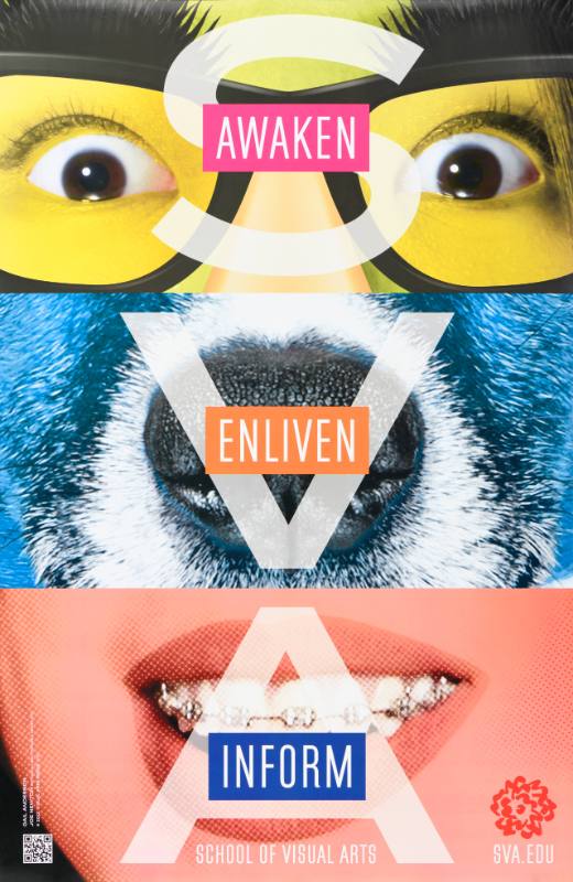 A poster of a face split into three parts with a dog's nose