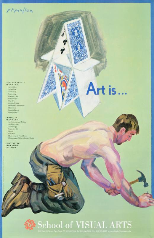 A psoter of a shirtless man hammering a nail underneath a card tower