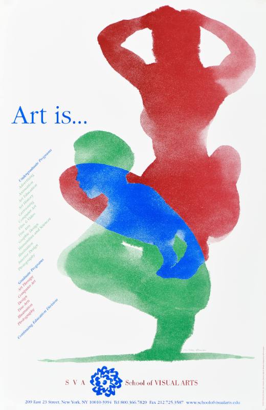A poster of a crouched figure printed in red, green, and blue on a white background
