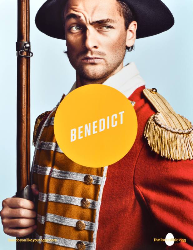 A poster of a white man in red military clothing with a yellow circle at his center
