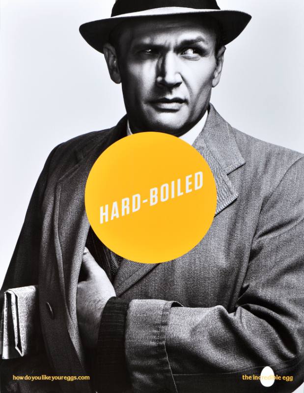 A poster of a detective in black and white with a yellow cirlce at his center