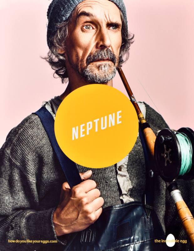 A poster of a white sea captain with a yellow circle at his center