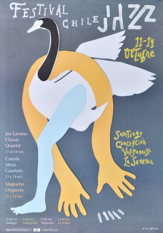 A poster of a bird made out of cut paper on a grey background