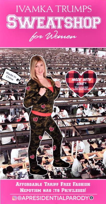 A poster of a white woman in sweatpants in front of a factory