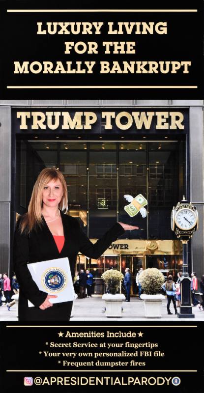 A poster of a building with large gold letters at the door