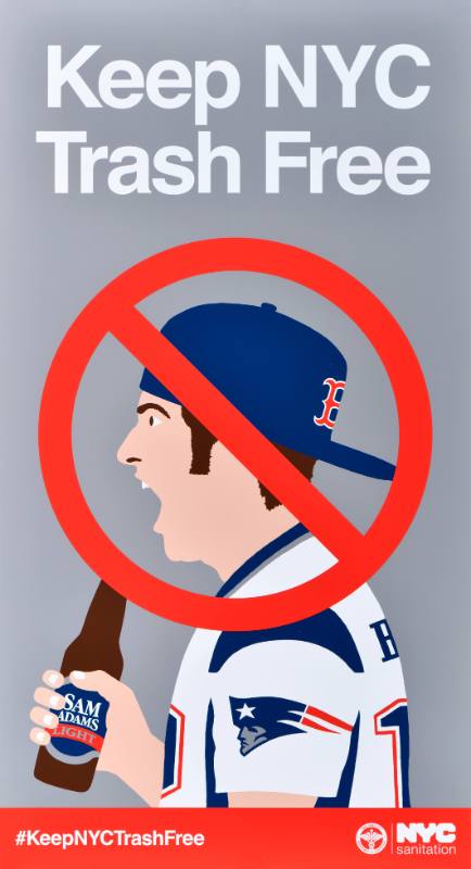 A poster of a man in a football jersey drinking beer with a red cross over his face