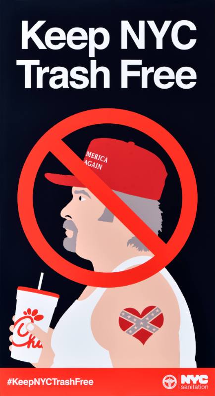 A poster of a man in a red hat with a red cross over his face