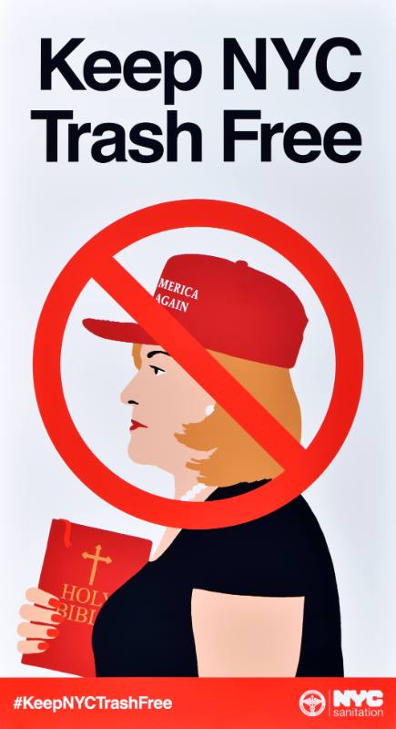 A poster of a woman in a red hat with a red cross over his face