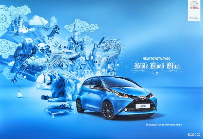 A poster of a blue car on a blue background surrounded by a castle
