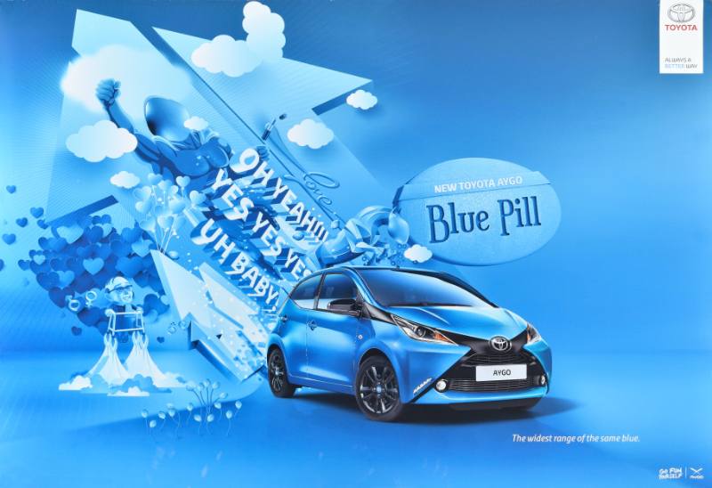 A poster of a blue car on a blue background surrounded by arrows, hearts, and men with their fists pumping