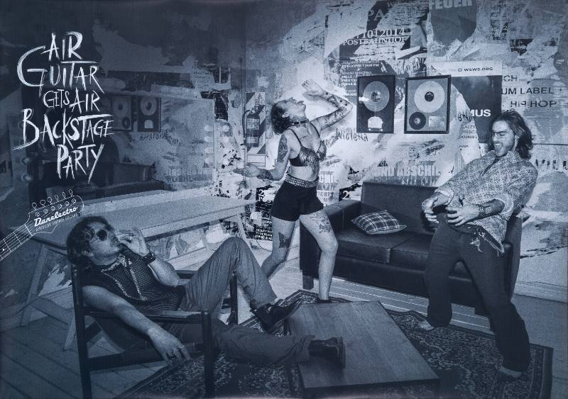 A poster of a group of white people partying printed in black and white