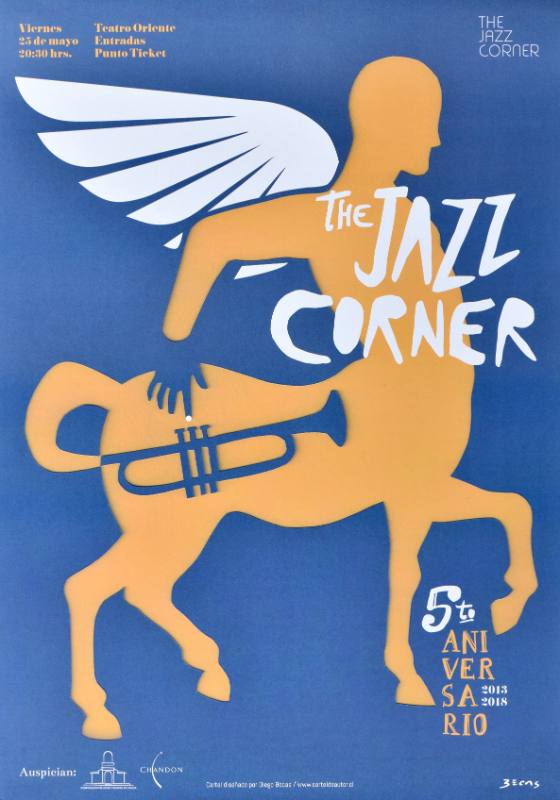 A poster of a winged centaur made out of cut paper on a blue background