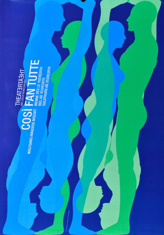 A poster of green abstracted bodies arranged in a row on a blue background
