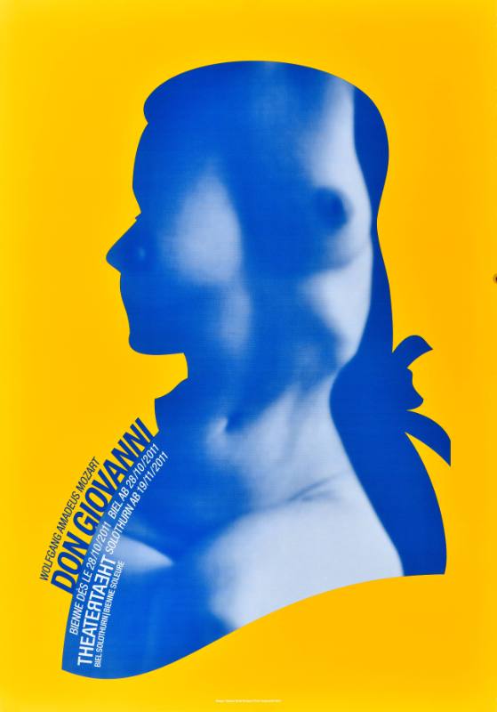 A poster of a blue man's silhouette with a shirtless man's chest superimposed inside