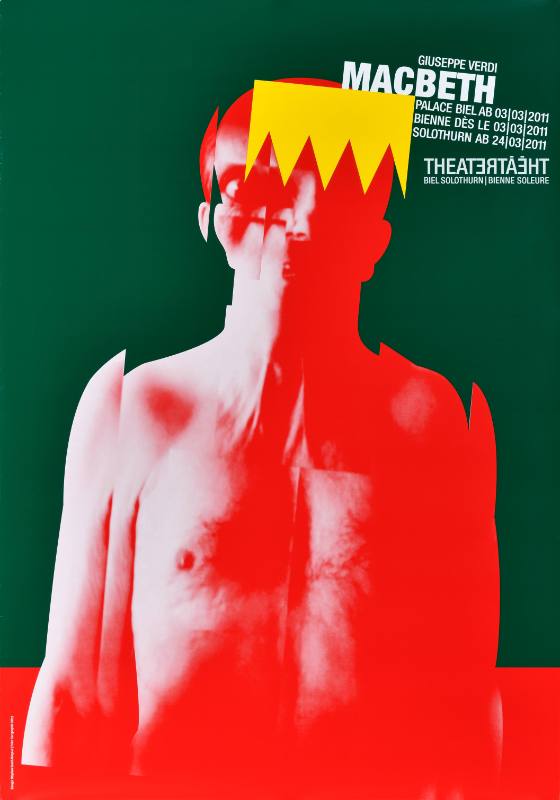A poster of a man printed in red with an upside down crown on his head on a green background