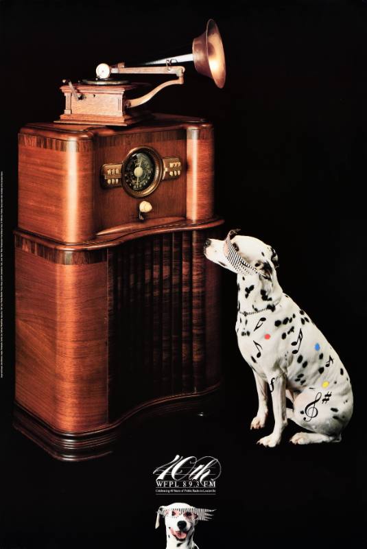 A poster of a wooden radio on a black background