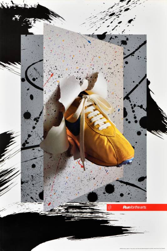 A poster of a yellow tennis shoe on a colorful white and black background