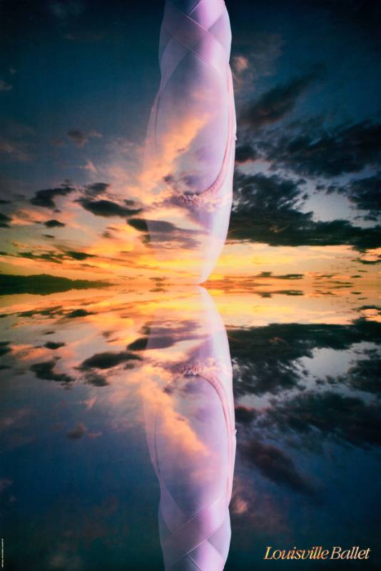 A poster of a ballet shoe in front of a sunset