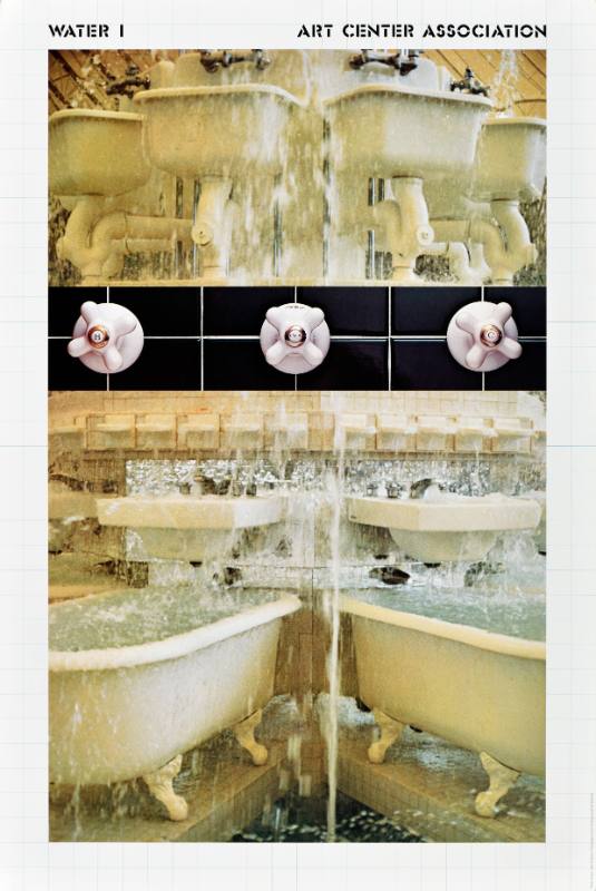 A poster of a room full of bathtubs and sinks full of dripping water